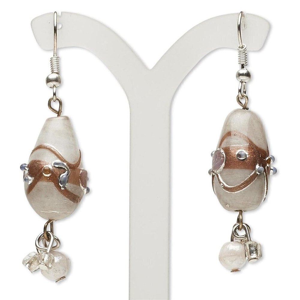 Handcrafted India White Copper Silver Wedding Cake Glass Beads Dangle Earrings